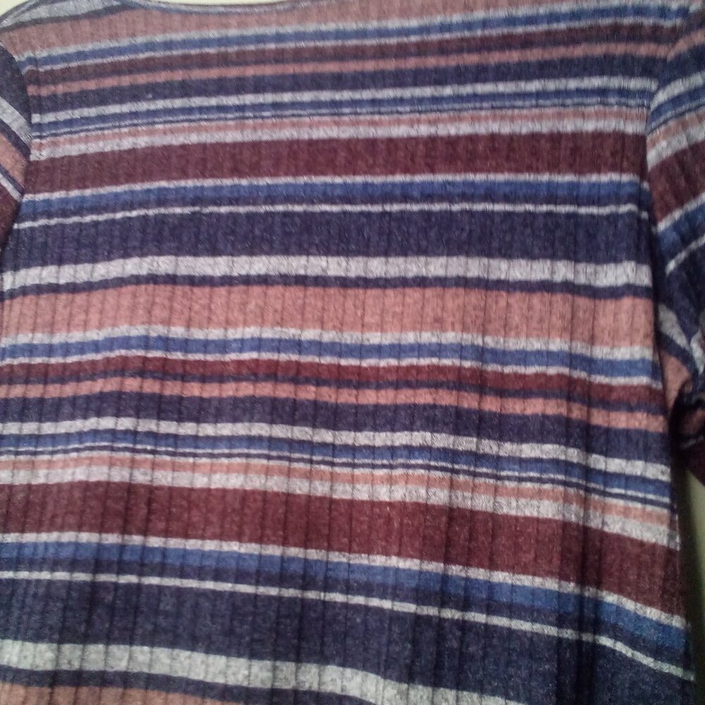 Another Reason Shirt Blouse L 3/4 Sleeve Tie Detail Ribbed Stripe Blue Red - Picture 14 of 14